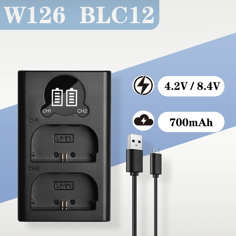

Dual Slot W126 Charger 700mA with LED Display Type-C Dual Interface for BLC12 Camera Battery 4.2V/8.4V