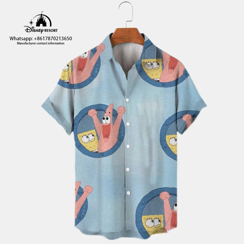 2024 new Harajuku casual trend all-match shirt tops men's lapel short-sleeved single-breasted summer SpongeBob cartoon y2k