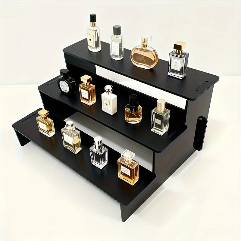 3-Tier Black Acrylic Display Stand - Lightweight Interlocking Organizer for Cosmetics, Figurines & Toys