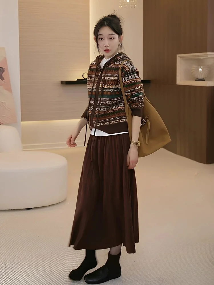 

OUDOEE Retro Hooded Zipper Sweatirt Women Winter Fair Isle Knitted Sweater New Sle Open Cardigan Outerwear