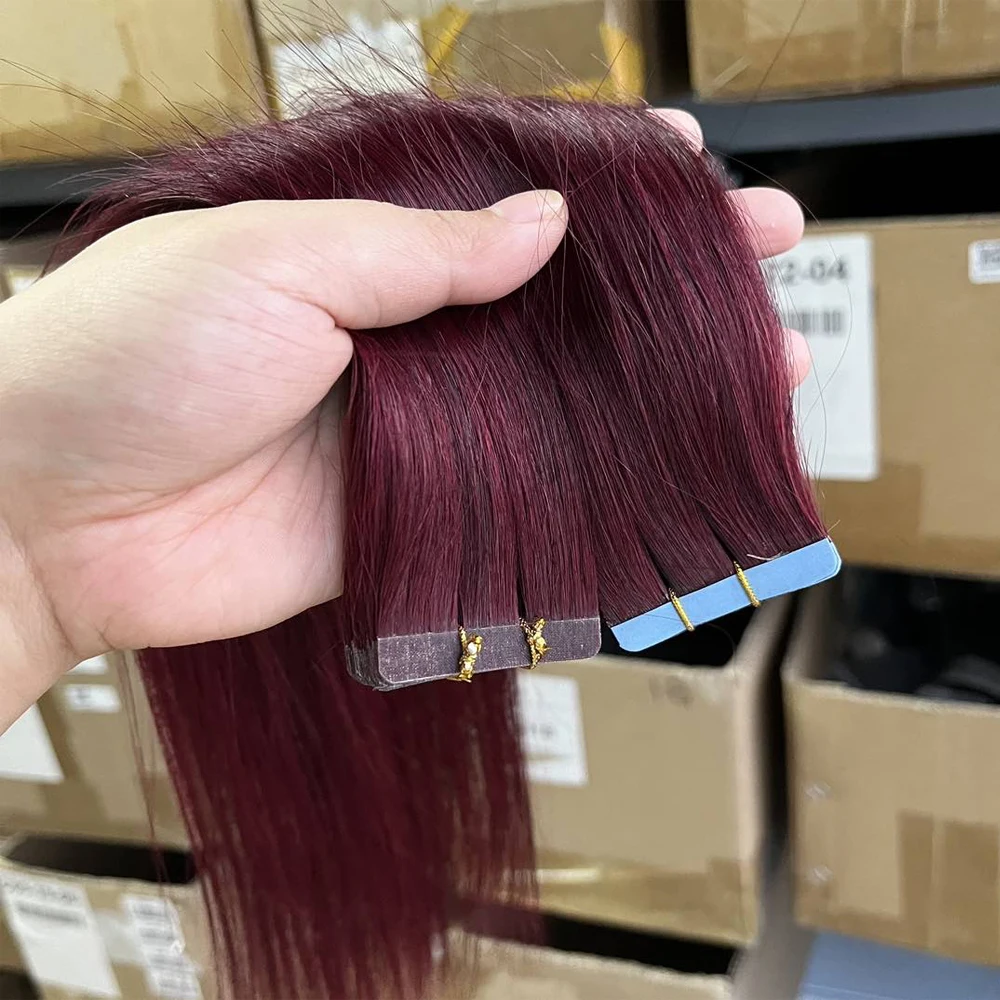 99J# Invisible Tape in Human Hair Extensions 30g/pack Burgundy Real Natural Straight Human Hair for Women