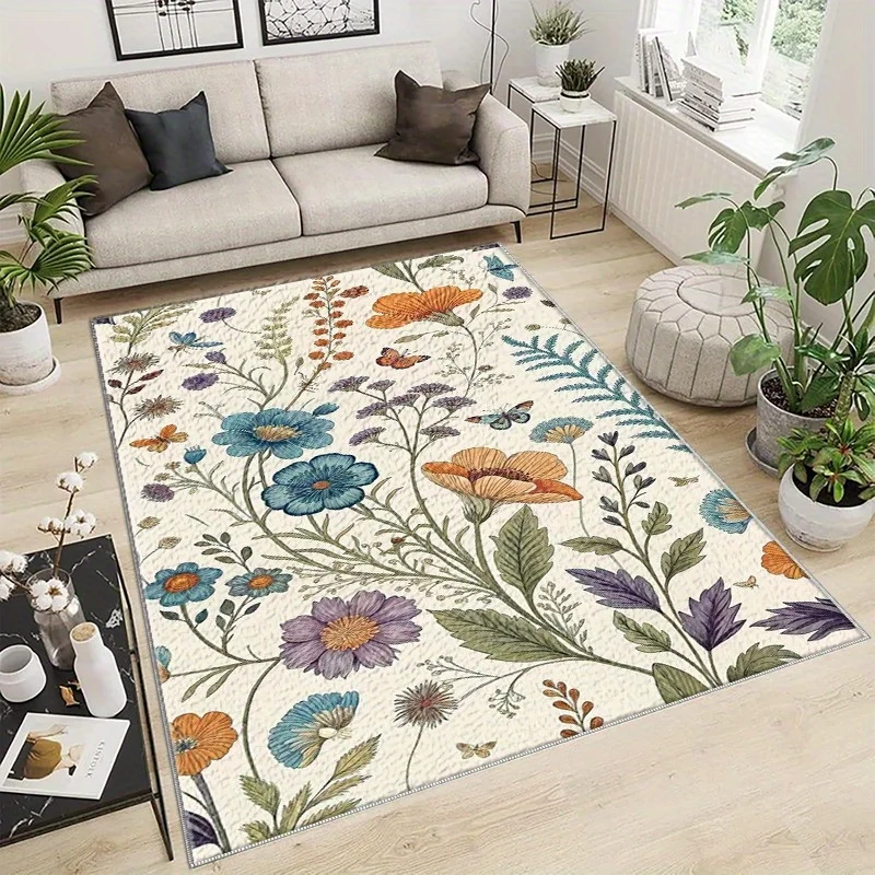 Botanical Floral Printed Area Rug, Soft Washable Modern Lightweight Floor Mat for Living Room, Bedroom & Indoor Home Decoration