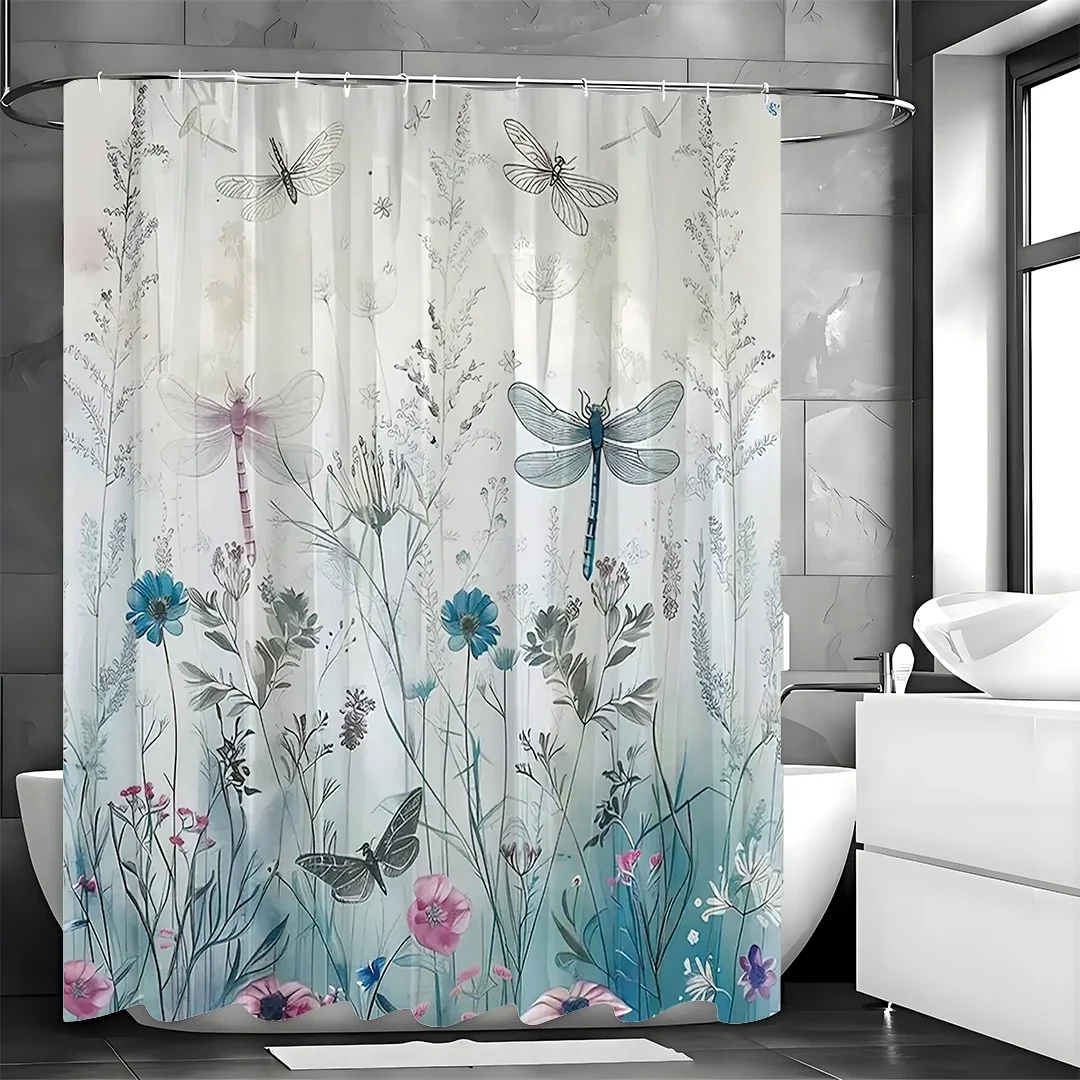 Blue Floral Plant Dragonfly Shower Curtain, Bathroom Decorative Shower Curtain, Waterproof Shower Curtain with Hooks