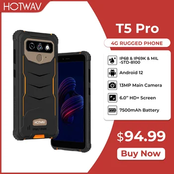 HOTWAV T5 프로 견고한 스마트폰, 안드로이드 12 OS, MTK6761, 6.0 인치 화면, 4GB, 32GB, 7500mAh 대용량 배터리, 13MP 메인 카메라 2022 