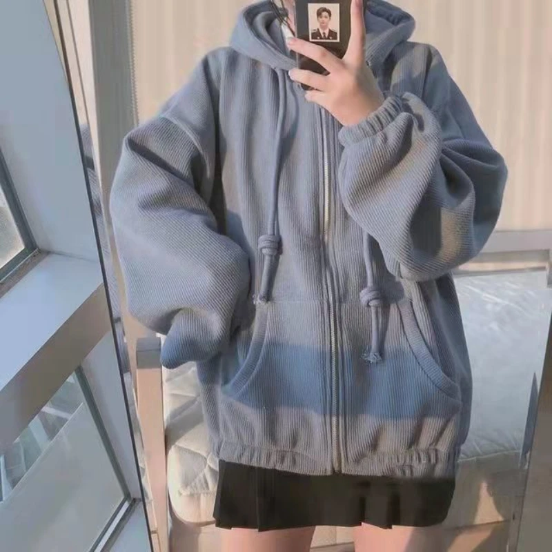 American retro spicy girl oversized hoodie spring and autumn women's blue plush thick winter trendy top