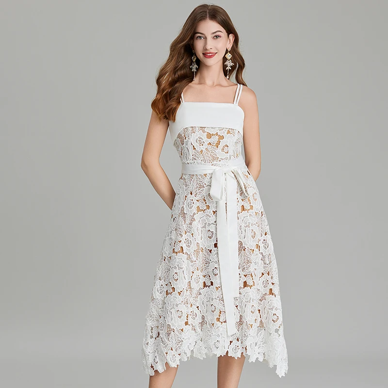 Zomer Catwalk Gehaakte Holle Kanten Prom Dress Dames Ruches Spaghettibandjes Borduurriem Veteraan Midi Vestidos Party