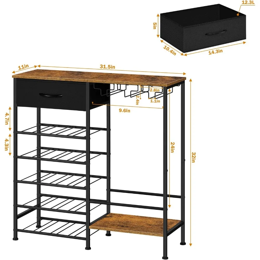 estante para vino independiente, estantes para almacenamiento de vino con exhibición de 5 niveles con soporte para vasos y cajón de tela, gabinete para licores de 20 botellas b