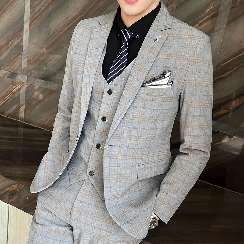 2023 Fashion New Men's Casual Slim Plaid Suit Coat Three Piece Set / Men's Business Boutique Wedding Blazers Jacket Pants Vest