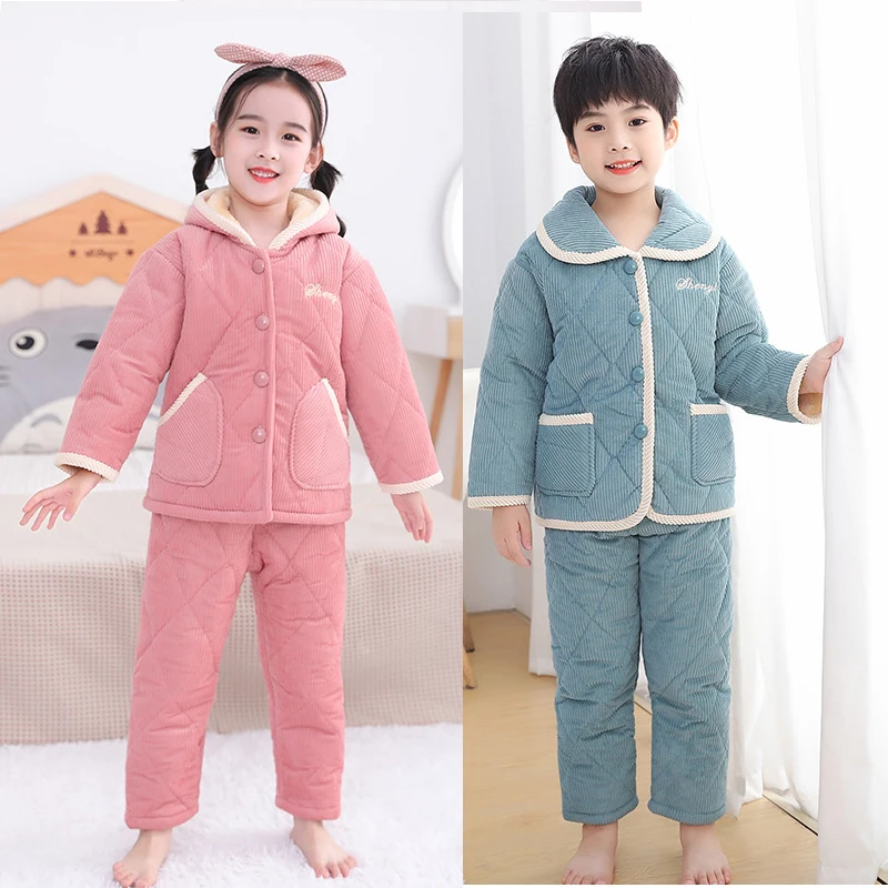 

Winter Baby Kids Pajamas Plus Velvet thicken Girl Boy Homewear Thermal Underwear Three Layers Of Warmth Children Tracksuit Sets