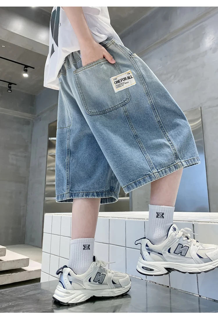 Neue Sommer-Jeansshorts für Kinder, Lässige, Lose Passform, Blauer Farbverlauf, für Teenager-Jungen, Baggy Denim-Shorts, Kinder-Streetwear, Knielange Hosen – Detail 12