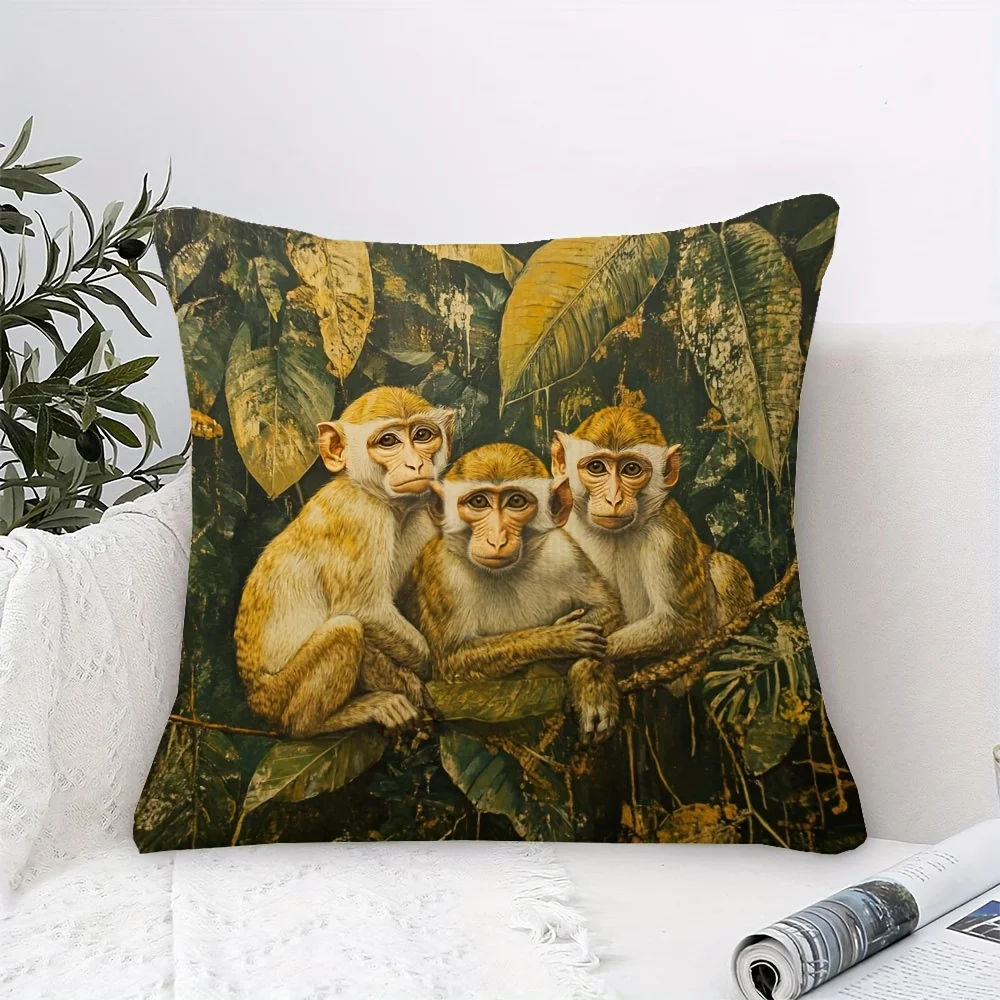 Lush Jungle Monkey Family Throw Pillow Case Botanical Animal Print Sofa Cushion Cover Home Decor