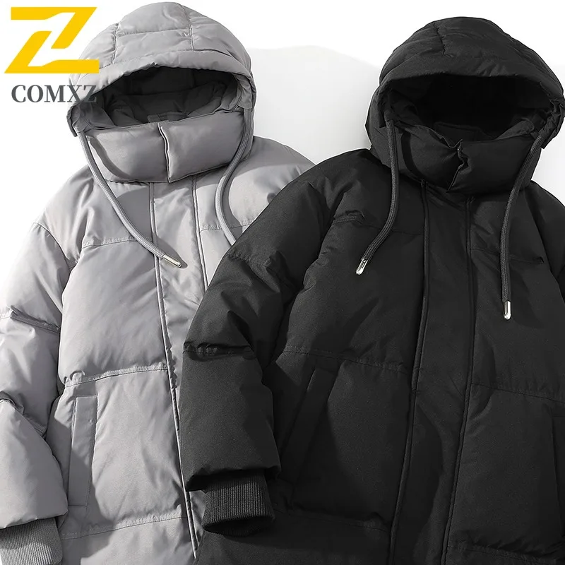 COMXZ 2024 Winter Korean Style Thickened Padded Coat Men's Fleece Lined Parka Trendy Loose Fit Outwear Jacket