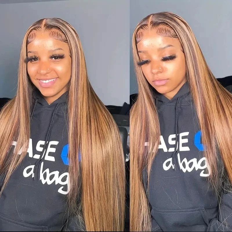 30 32 Inch Bone Straight Highlight Lace Front Human Hair 13x4 Lace Frontal Wigs 4/27 Ombre Honey Blonde Colored Wigs For Women