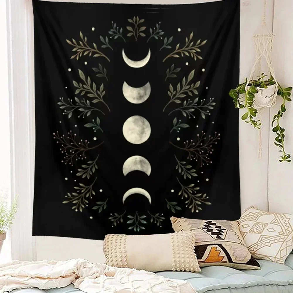 Moon Phase Floral Tapestry Wall Hanging Vintage Moonlight Green Olive Leaf Black Tapestries Boho Room Wall Decor Home Decoration