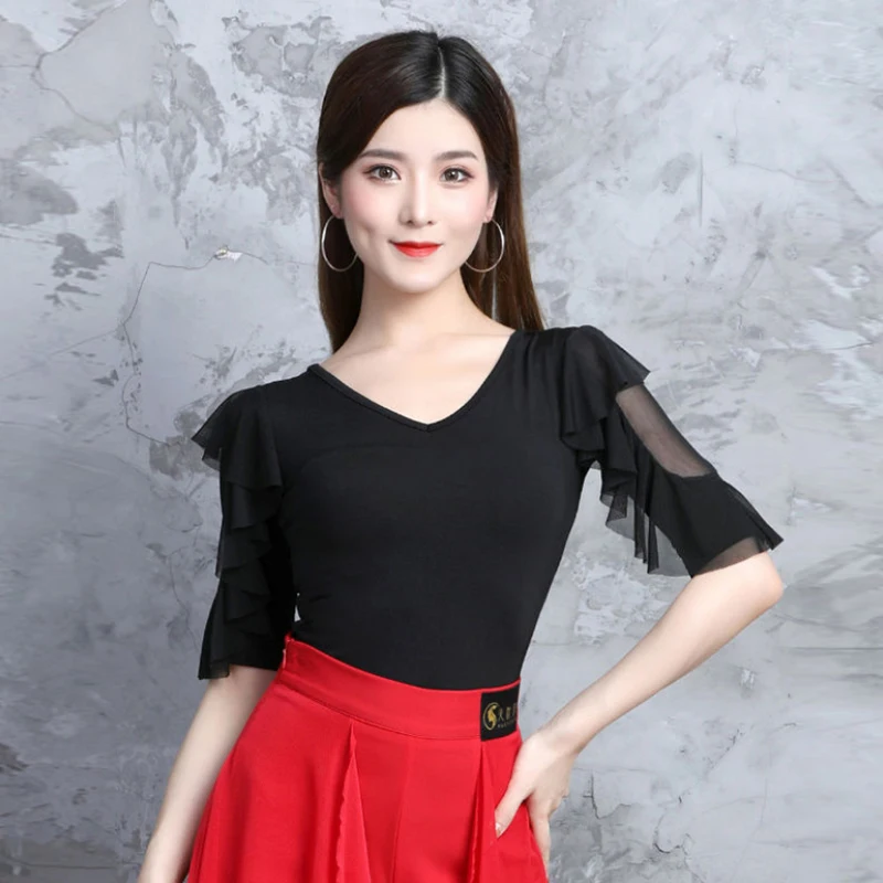 

New V-Neck Ballroom Dance Mesh Tops Practice Clothes Women Latin Dance Clothing Adult Dancing Bodysuit Lace Mid Sleeves XH3031