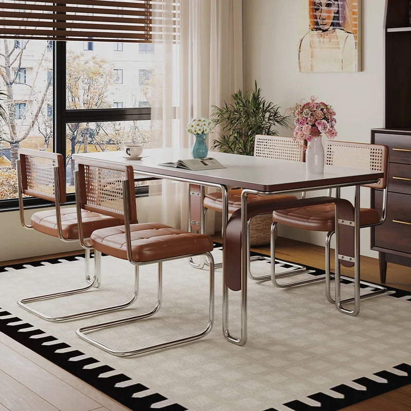 

Medieval style solid wood rock slab dining table household modern simple small apartment stainless steel