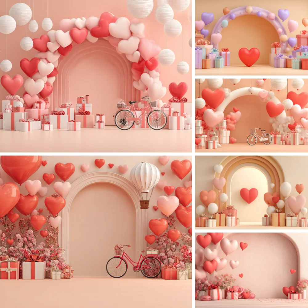 

Valentine's Day Photography Backdrop Love Heart Balloons Rose Flowers February 14th Couples Portrait Decoration Photo Background
