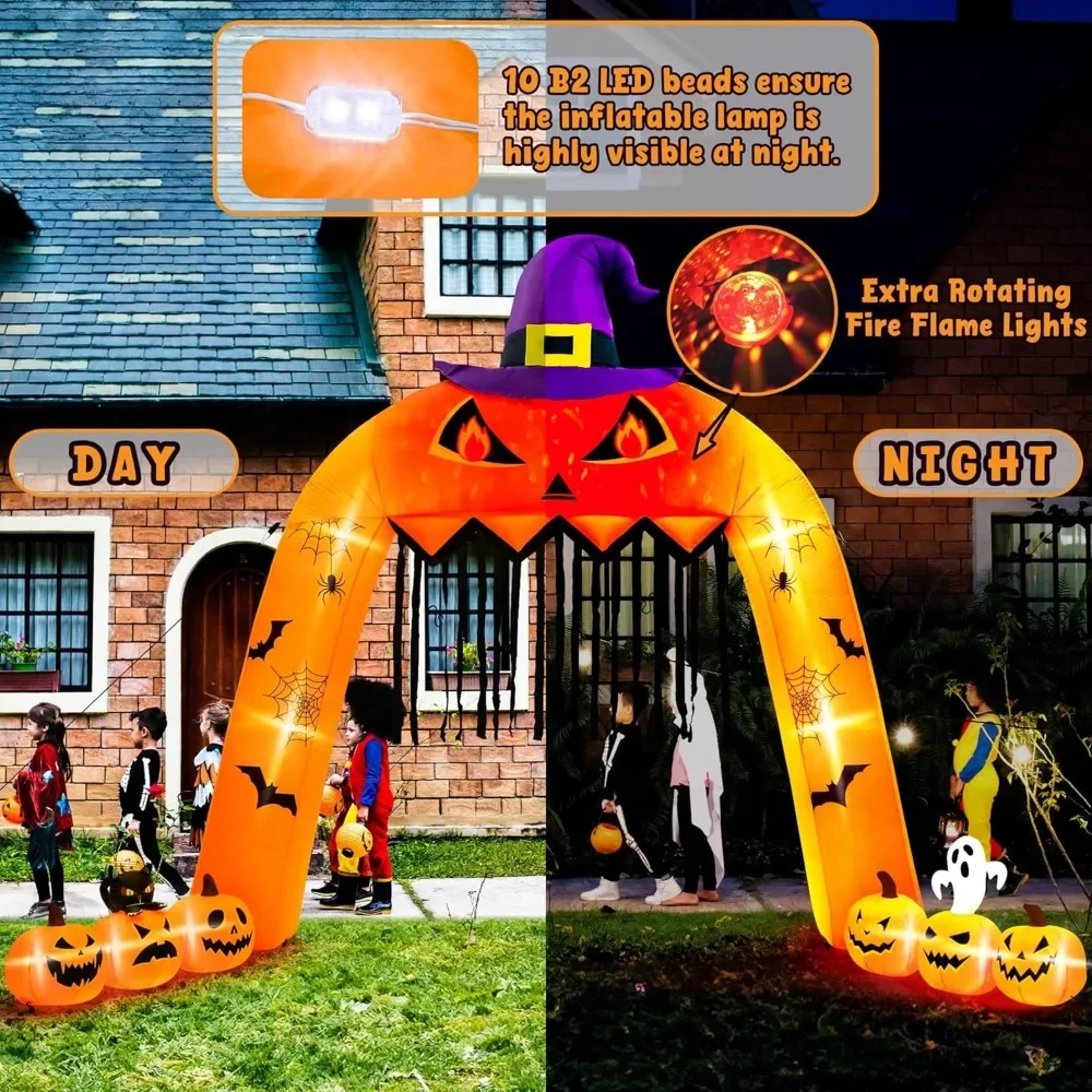 14FT Halloween Inflatables, Giant Halloween Pumpkin Archway Inflatables with Witch Hat, Blow Up Scary Pumpkin with Built-in LED