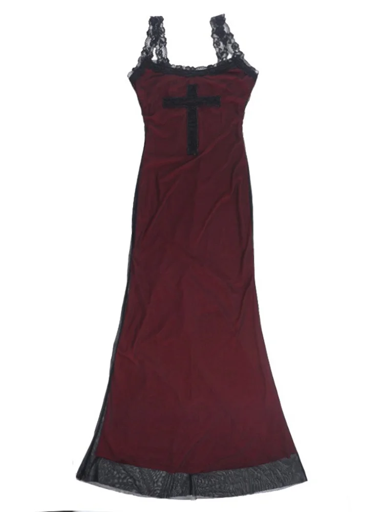 Vestido feminino vintage gótico vermelho escuro, design cruzado, 2 camadas, elegante, estética, fada, grunge, sexy, vazado, sem mangas, halter