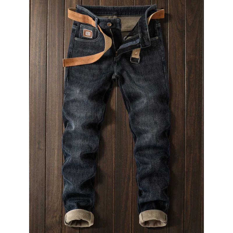 

2025Новые утолщенные джинсы на флисовой подкладке, мужские модные эластичные толстые флисовые теплые модные повседневные брюки, зимние