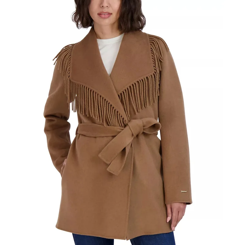 

Women's Long Sleeve Tassel Coat with Belt, Turn-Down Collar, Woolen, New