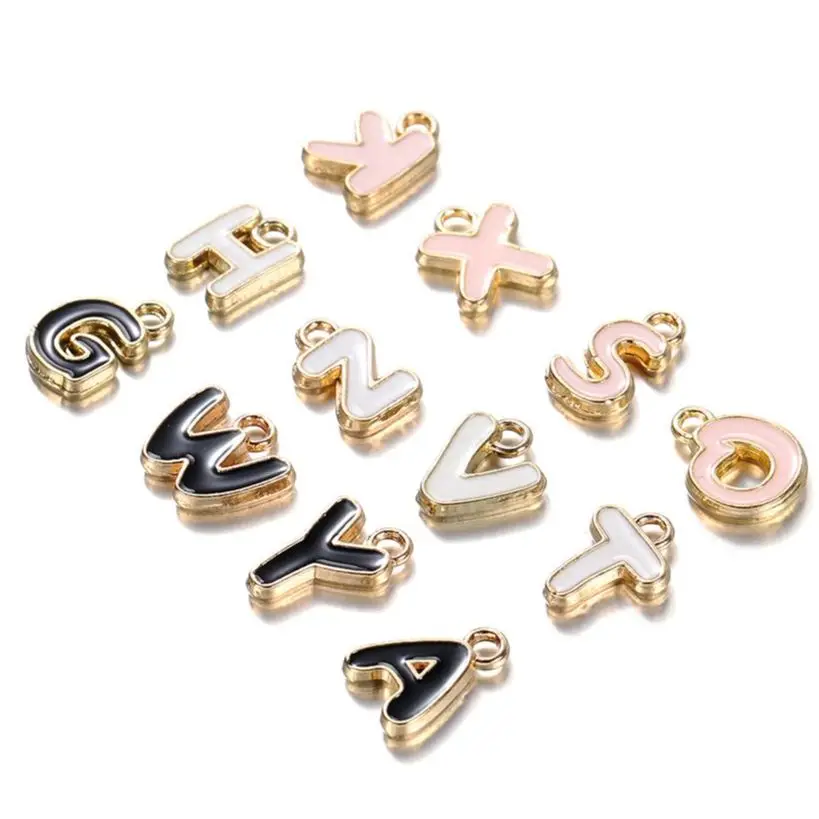 26pcs/bag Black Pink White Enamel Drop Oil Alloy Letters Pendants Metal Necklace Charm Fitting DIY Jewelry Making Findings