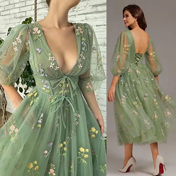 Flower Women Prom Party Dress Long Sleeve Evening Dresses Gown Green Sweet Square Collar Lace Robe De Soiree