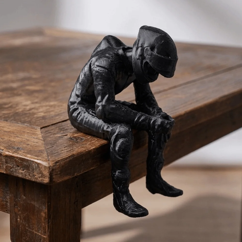 Plastic Motorcycle Rider Figurine 3D Printed Black Racing Style Seated Figurine Decorative Sitting Biker Art Statue