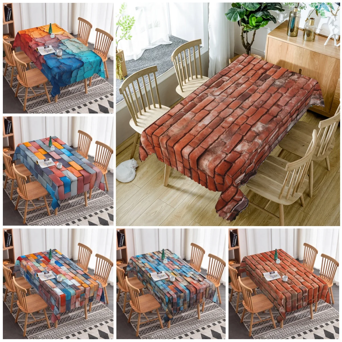 Colored Brick Wall Tablecloth Waterproof Oilproof Rectangular Table Cover for Kitchen Birthday Picnic Holiday Party Home Decor