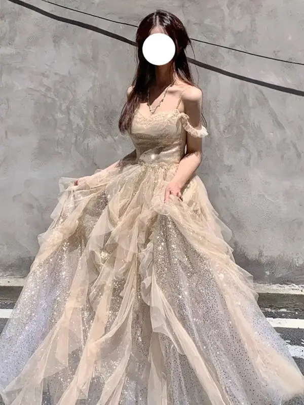 Princess Style One Shoulder Wedding Dress for Women New 2024 Birthday Art Exam Hostess Dress Bridesmaid Suit Short Sleeve