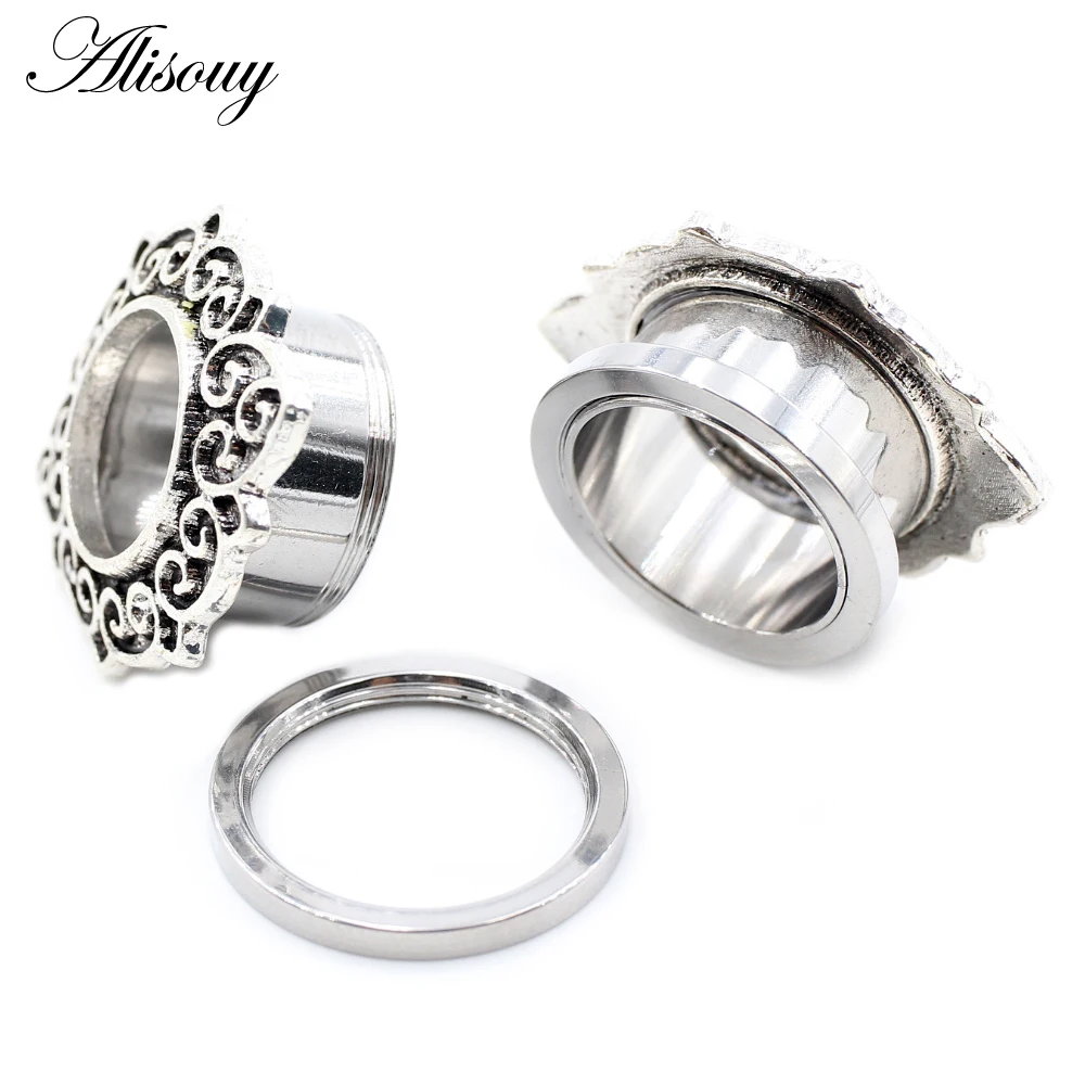 Alisouy 2PC Stainless Steel Flower Star Moon Ear Tunnel Plugs Expander Stretcher Gauges Piercing Hollow Expander Body Jewelry