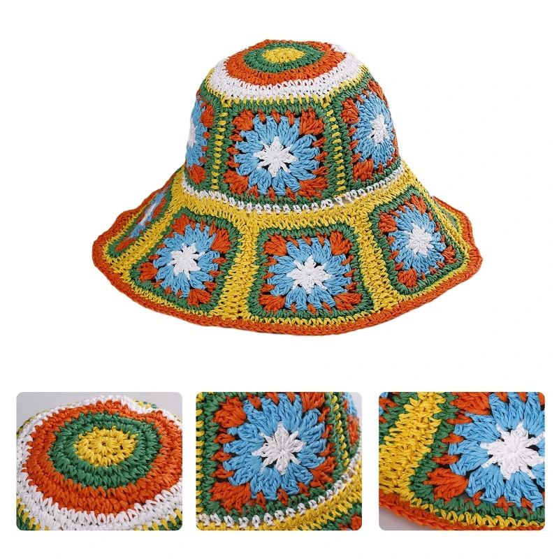 Adult\'s Boho Style Wide Brim Foldable Crochet Bucket Hat Summer Outdoor Dropshipping