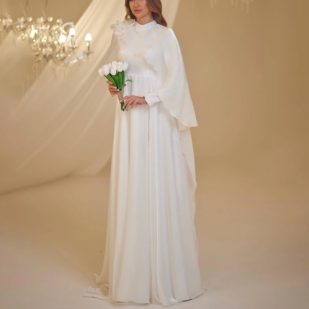 Op maat gemaakte jersey gedrapeerde a-lijn crêpe formele avondjurk zwartloze vloerlengte Saoedi-Arabische jurk met lange mouwen en sleep