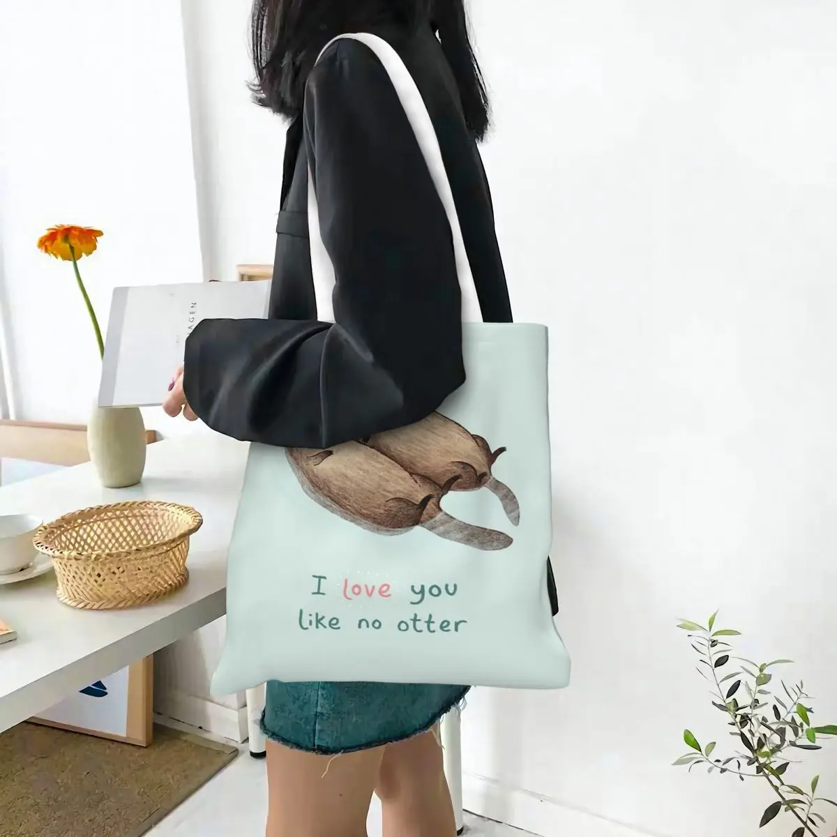 I Love You Like No Otter Shopping Bags Canvas The Tote Bag Folding for Women Shoulder Tote Travel Handbag