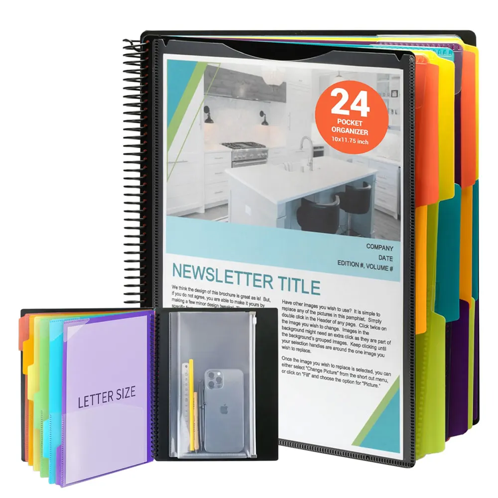 

12/24 Pocket Project Organizer - Transparent cover with adhesive labels, spiral-bound multi-pocket folder with zippered pocket.