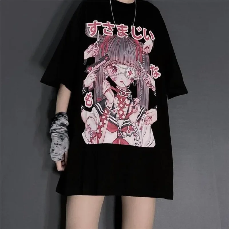 Anime Gothic Women T-shirts Harajuku Punk Grunge Short Sleeve T Shirt Fashion Blouses Streetwear Tops Graphic T Shirts