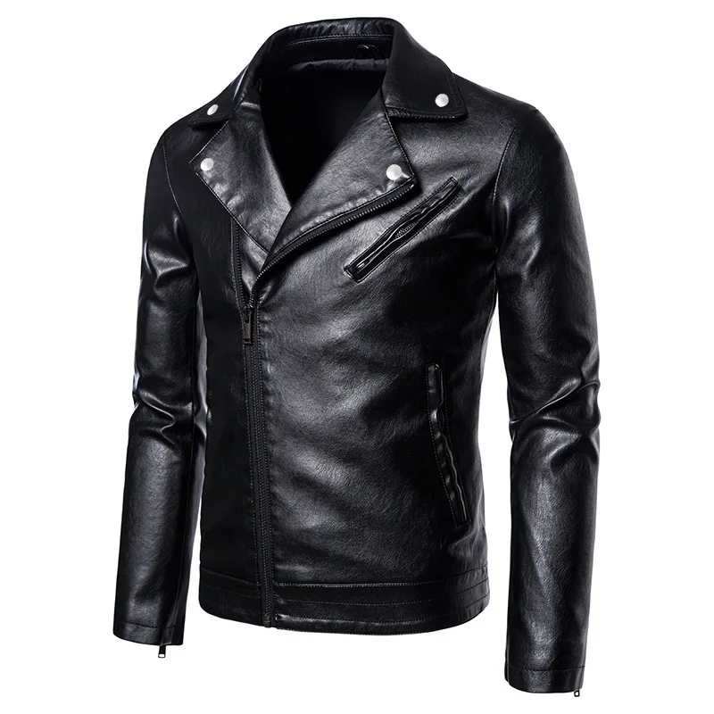 

2024 Men's Oblique Zipper Lapel Pu Casual Leather Jacket Fashion Stitching Motorcycle Vintage Leather Jacket