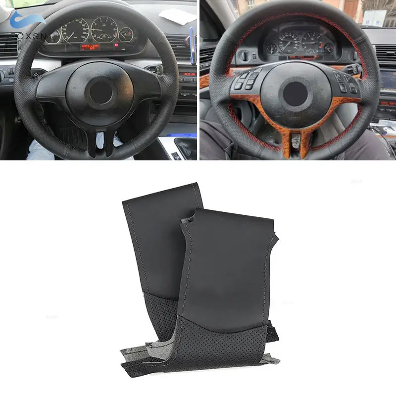 For BMW E39 E46 X5 E53 Z3 E36 Car Interior Steering Wheel Cover Hand Stitched Black Perforated Leather with Needles & Threads