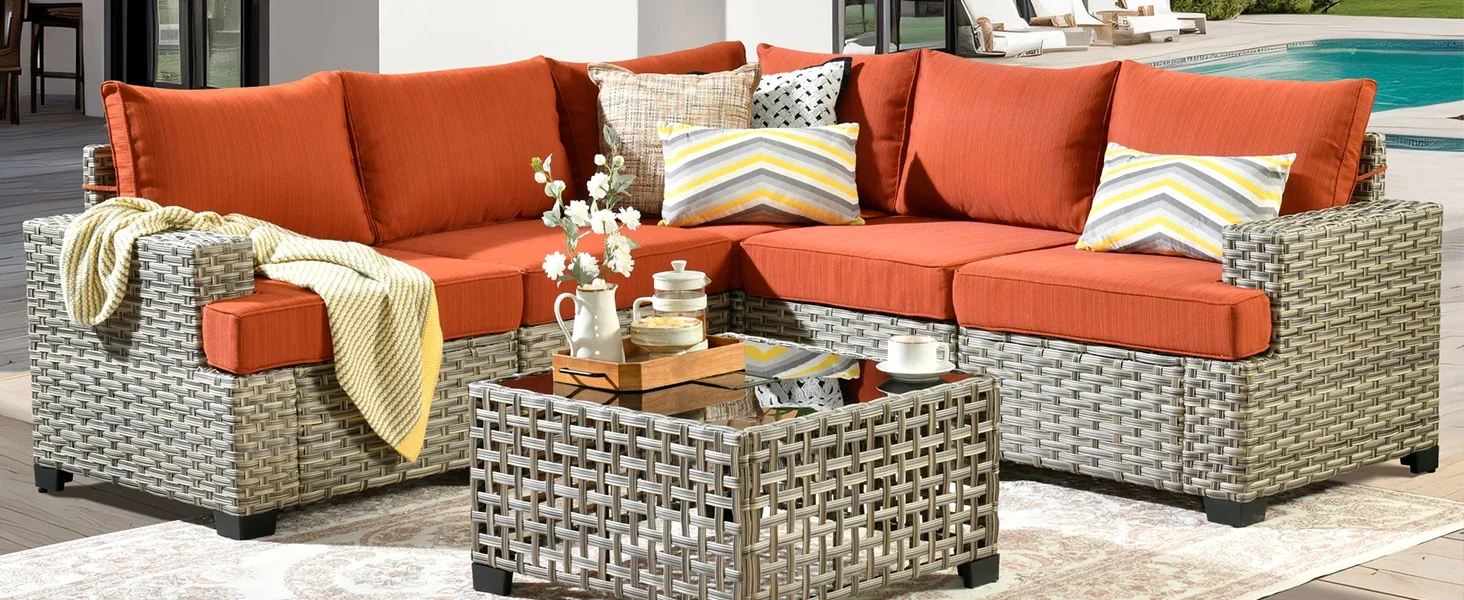6 pcs outdoor sectional L shaped with Light table oranged red