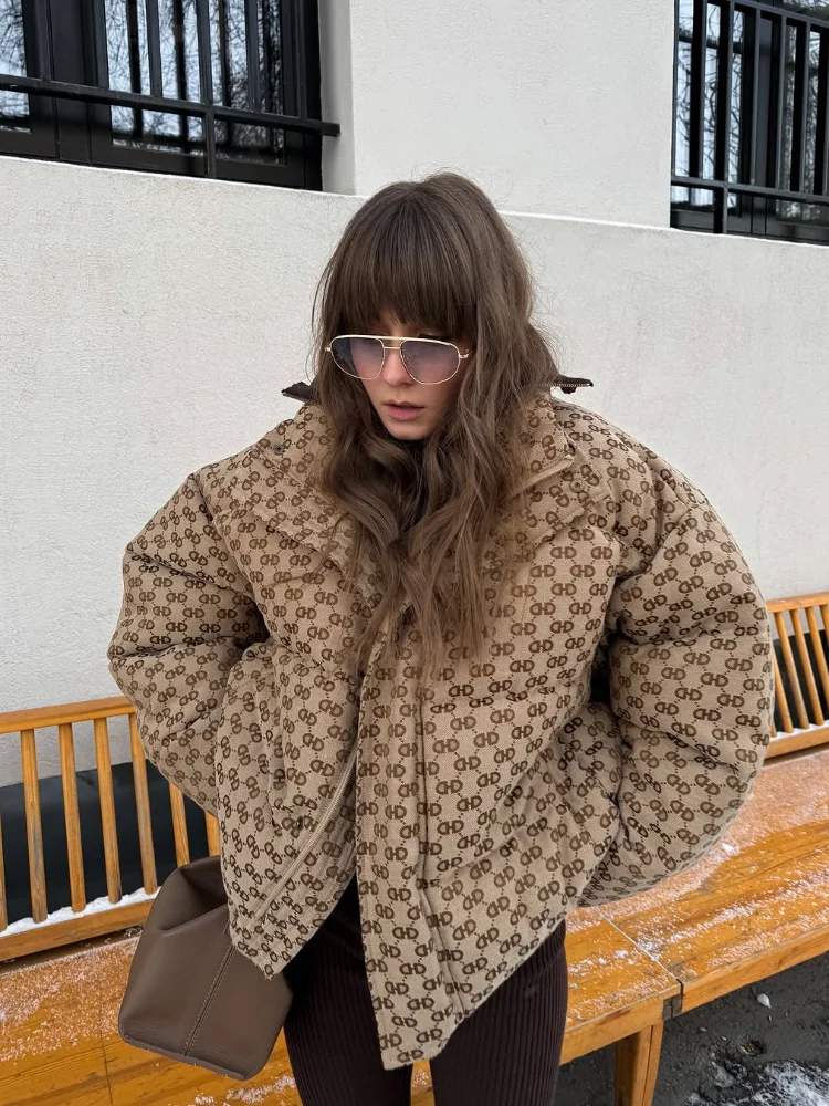 طباعة سترة قطن النساء الملابس الاتجاه سستة سترات منتفخة أسفل معاطف القطن تصميم 2025 خمر يندبروف ملابس خارجية