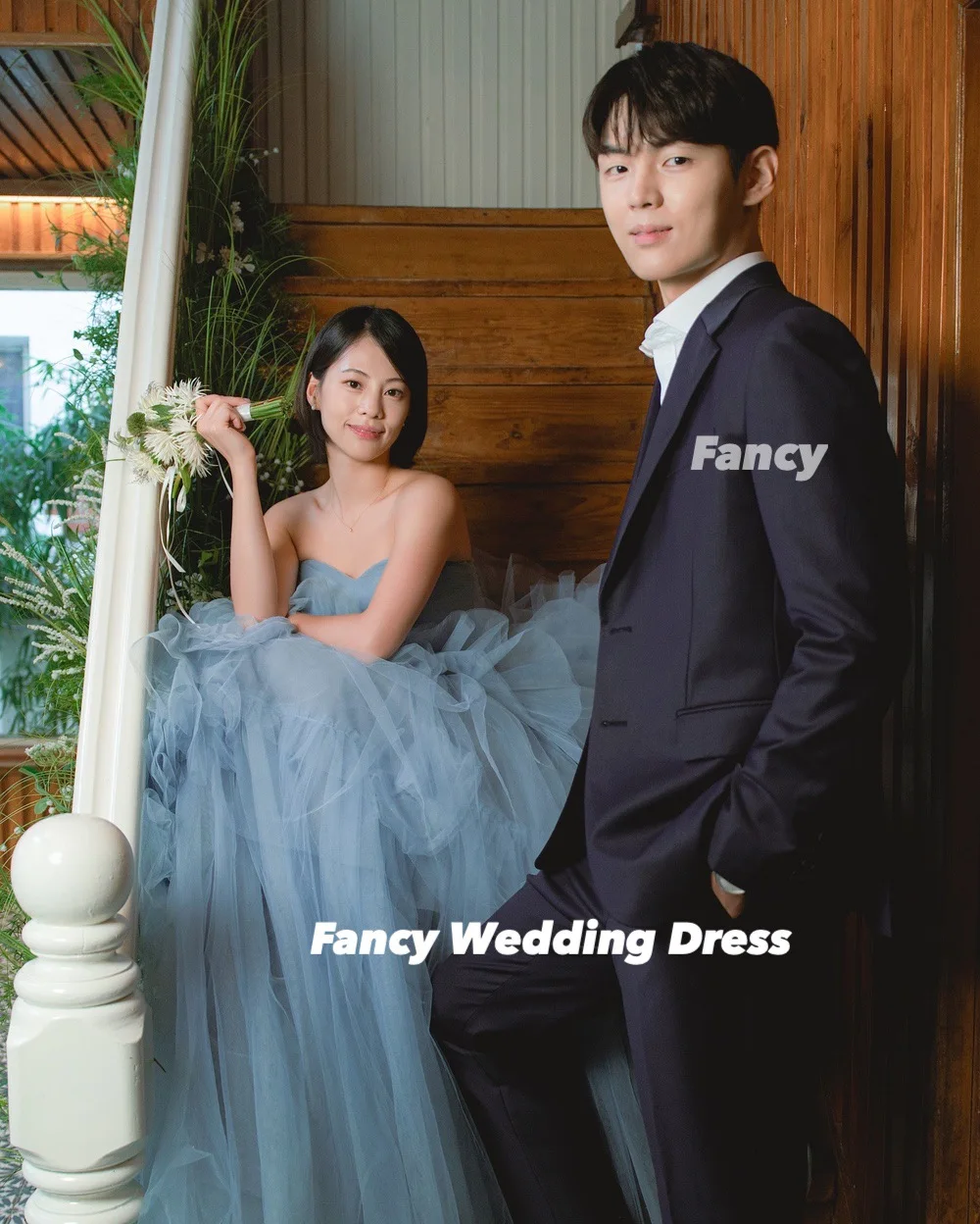 Fancy Princess Blue Sweetheart Wedding Dress A Line Soft Tulle Bridal Gown Floor Length Back Corset Customized
