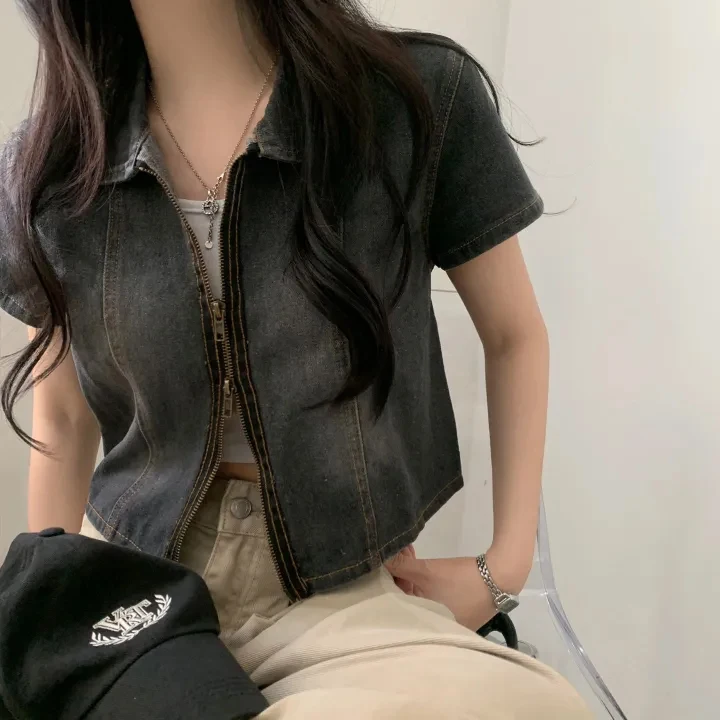 ort Sve Zipper Denim irt Jaet Women's Retro Hong Kong Sle Chic Faion Turn-down Collar Zipper Cardigan Top