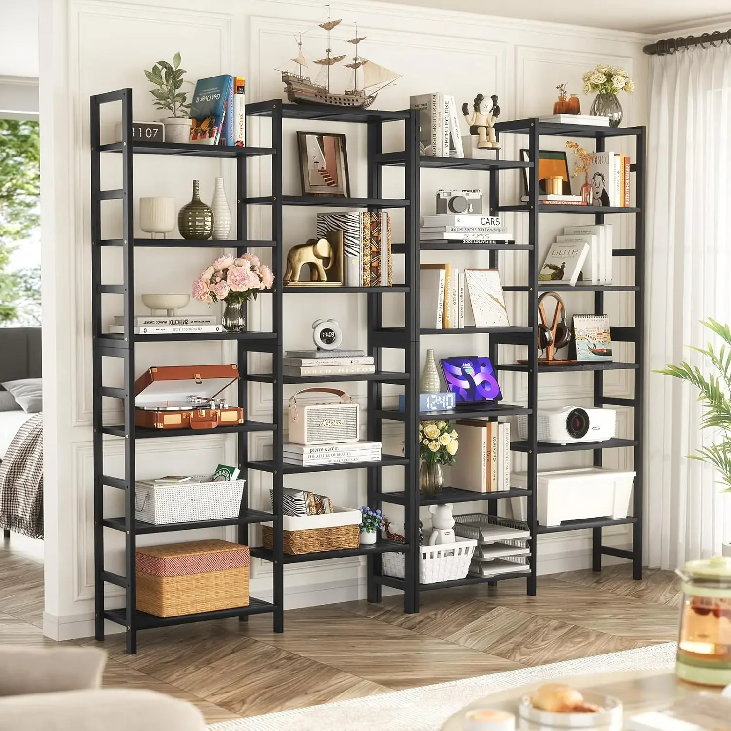 Double Wide Black Bamboo Bookshelf, 6-Tier 6ft Tall Open Bookcase with 12 Display Shelves for Home