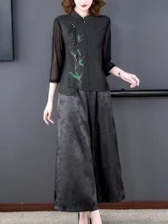 Autumn Black Long Sleeve Floral Top Coats+Black Jacquard Silk Wide Leg Pants Two Piece Sets 2024 Women Korean Vintage Prom Suits
