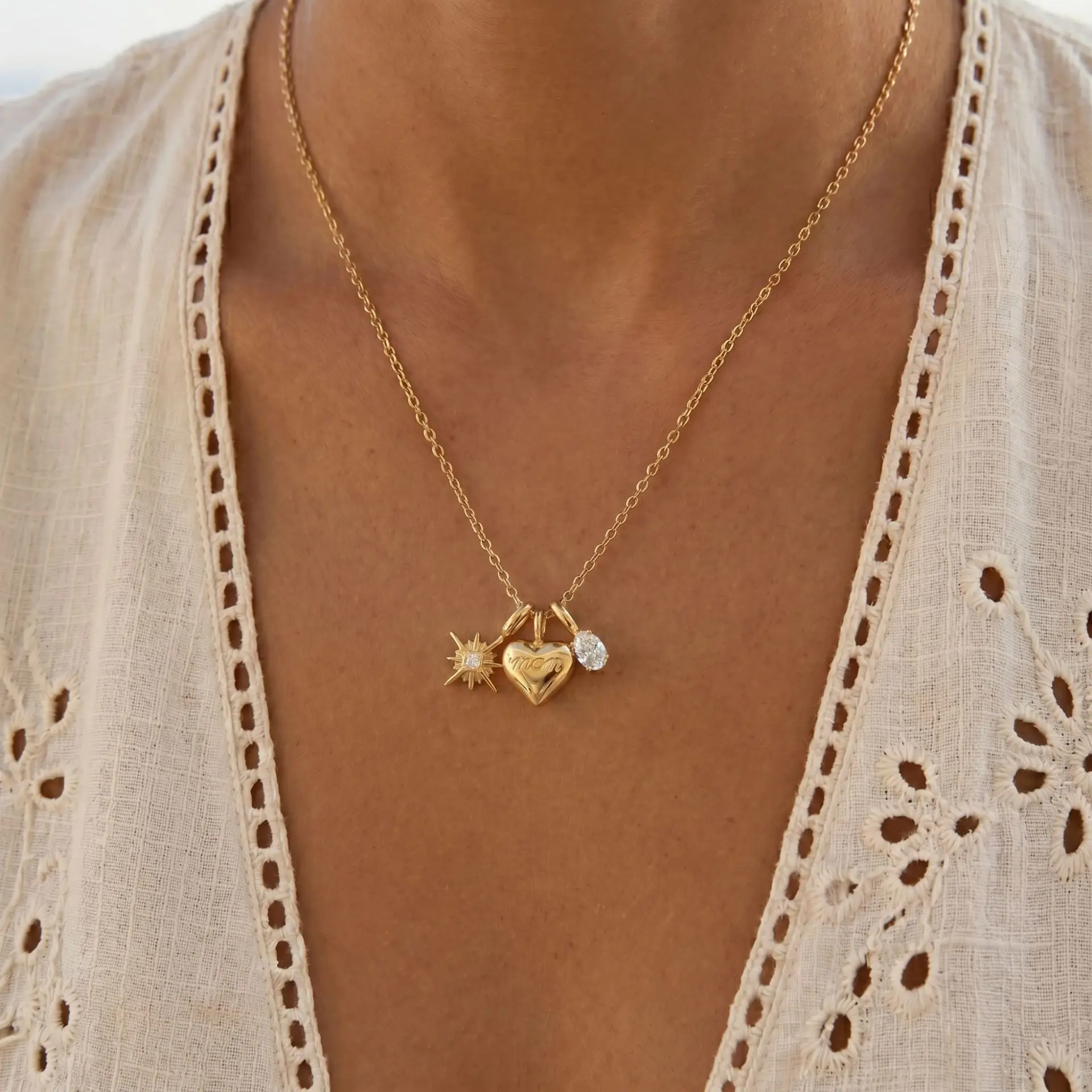 Stainless Steel Three Pendant Combination Mom Love Necklace for Women PVD Gold Plated Jewelry Mother's Day Gifts