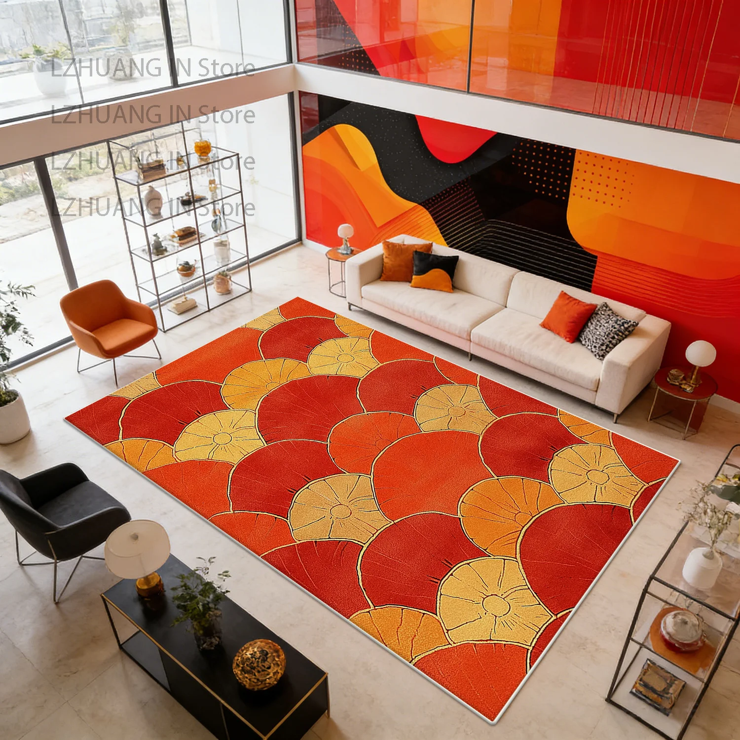 Orange Color Blocking Style Living Room Rug Decoration Bedroom Bedside Washable Fluffy Carpet Non-slip Short Velvet Floor Mats