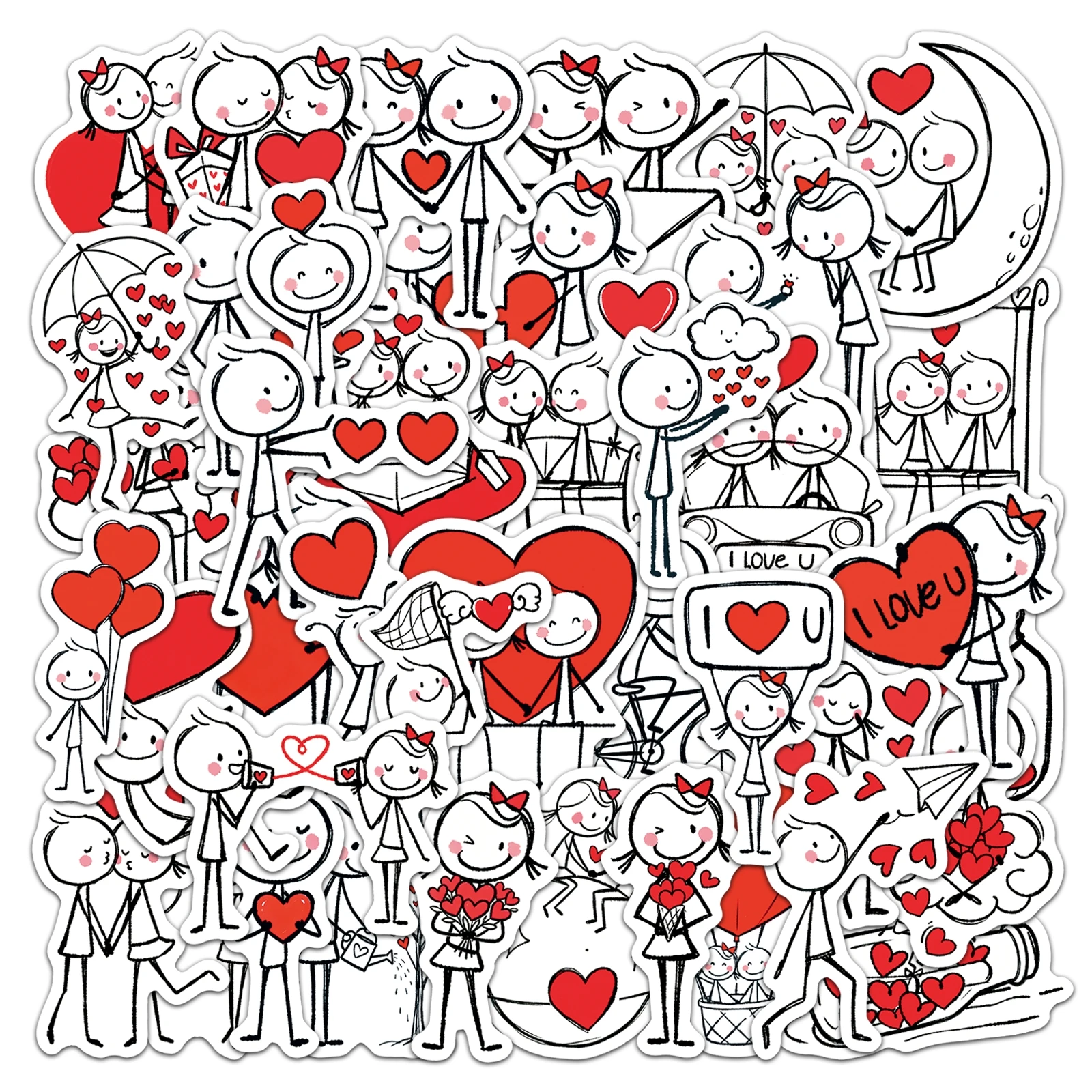 50Pcs Cute Heart-shaped Stick Figure Waterproof Sticker Skateboarding Retro Home Decal Sticker