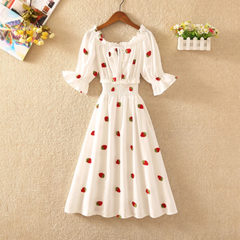 

Strawberry Dress Cherry Kawaii Embroidery Puff Sleeve Dress Women Vintage White Slash Neck Beach Dresses 2022 Korean Clothes