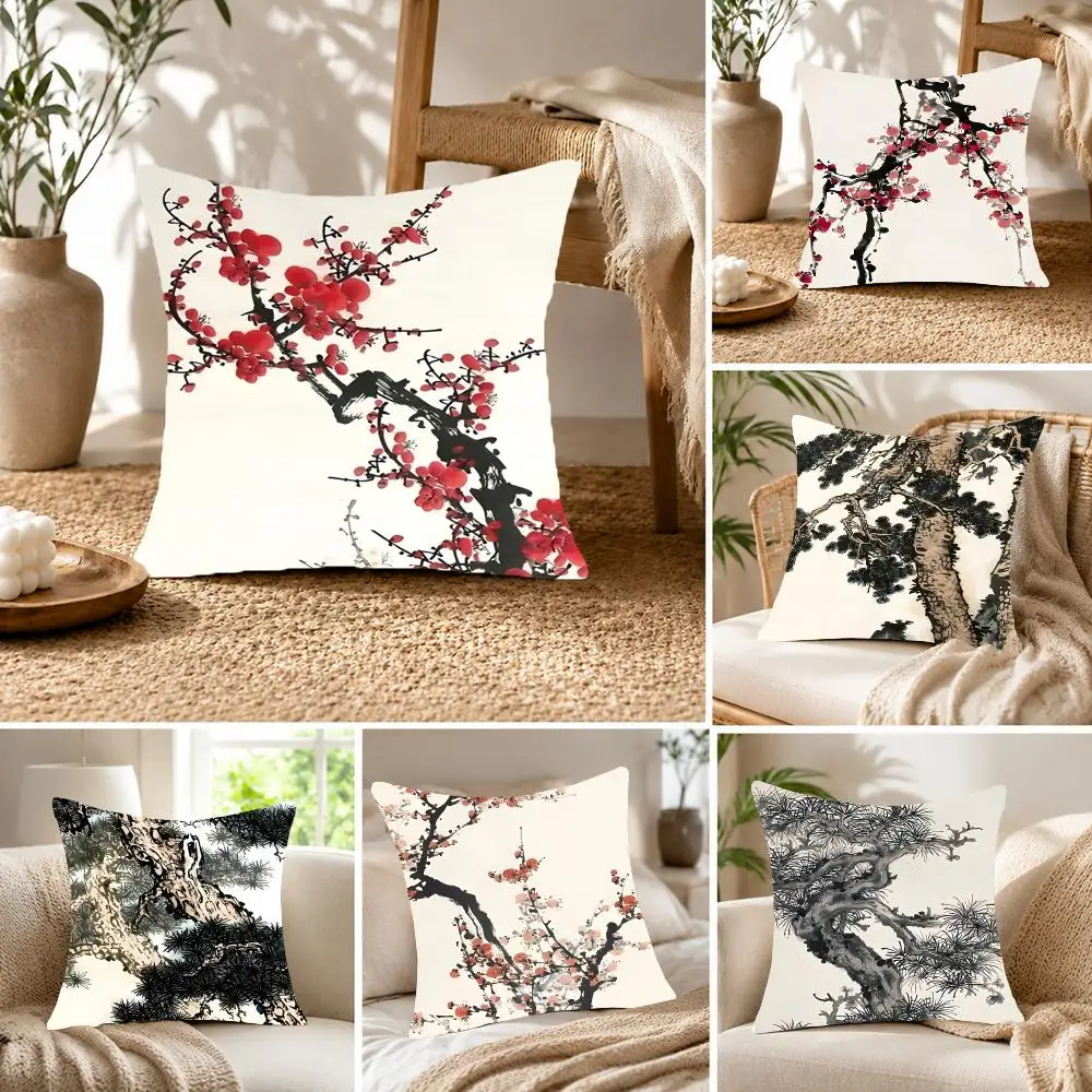 Dramatic C-Chinese Ink Pine Tree Alpine Flow Water Cushion Cover Fluffy velvet Nordic style plush Living room sofa decorative