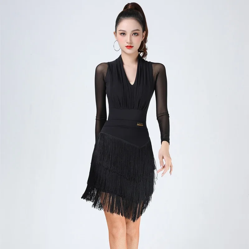 Nieuw model Latin danstrainingsoutfit met vloeiende ruches voor dames - Prestatiejurk voor danswedstrijden